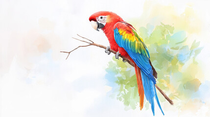 Obraz premium Vibrant watercolor illustration of parrot perched on branch, showcasing bright red, blue, and green feathers against soft, blurred background