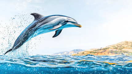 Fototapeta premium Dolphin leaps gracefully above ocean surface, creating splashes of water. vibrant blue sea contrasts with distant shoreline, evoking sense
