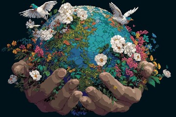Hands holding a vibrant, flourishing globe adorned with flowers and birds in a colorful display of nature's beauty