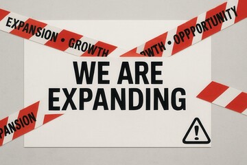 Fototapeta premium Expansion announcement with WE ARE EXPANDING and bold opportunity promo, dynamic caution tape style, clear growth retail offer.