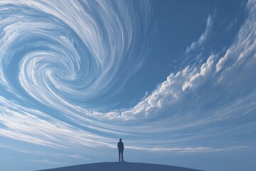 Person standing beneath swirling clouds in clear blue sky during daytime, creating a sense of wonder and connection with nature