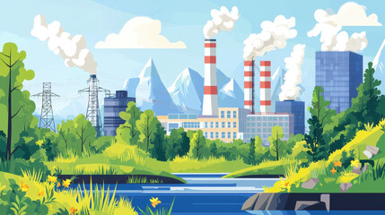 Vibrant landscape featuring factory with smokestacks, surrounded by lush greenery and mountains background, showcasing contrast between nature