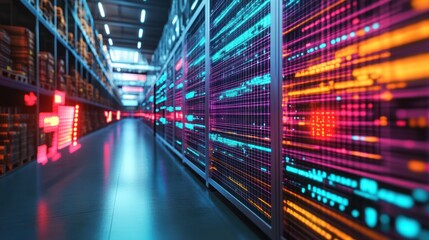 Obraz premium Data center servers glowing, warehouse background, digital storage