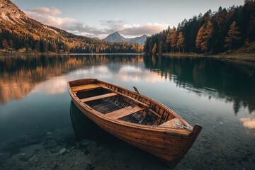 Obraz premium Wooden boat resting on calm lake water surrounded by autumn trees and mountains during early evening light