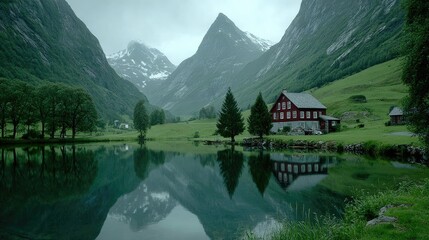 Serene mountain lake reflects red house and peaks