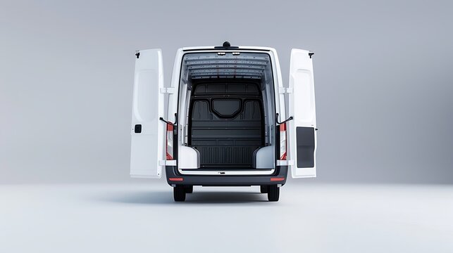 Rear view of a white cargo van with doors open