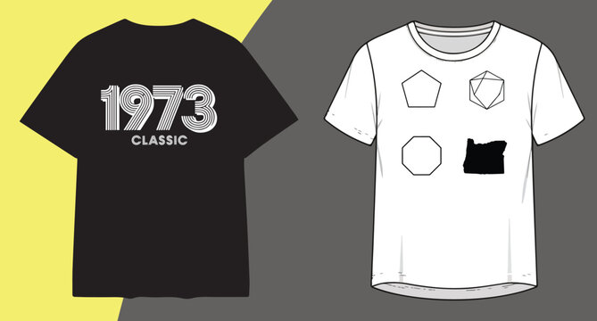 Two t shirts one black with 1973 graphic and one white with geometric designs