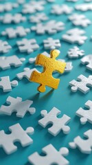 Obraz premium Ultra quality image of golden puzzle piece floats above scattered white pieces, symbolizing unique solutions, leadership, or strategic thinking against a teal backdrop.