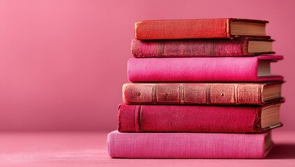 Stack of six vintage books in varying shades of pink and red against a pink background