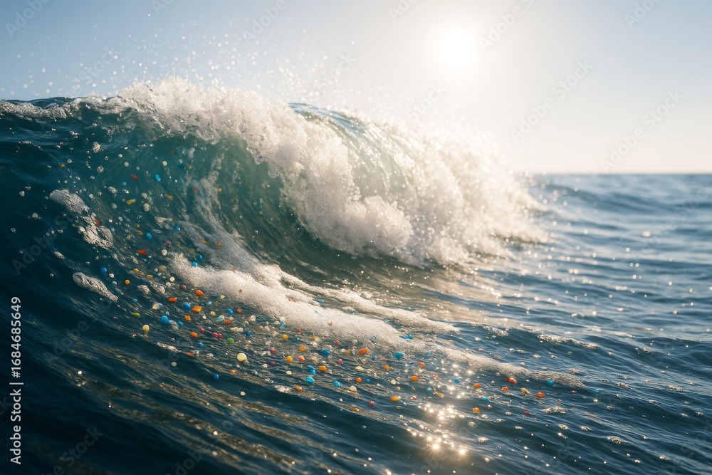 Aufkleber ocean wave under sunlight filled with floating microplastics symbolizing marine pollution and enviro
