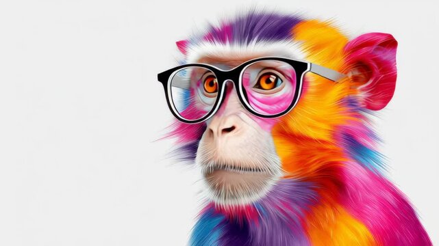 Colorful monkey wearing oversized glasses, showcasing a vibrant expression and playful demeanor, gradually shifting in perspective across three frames, capturing the essence of whimsical character and