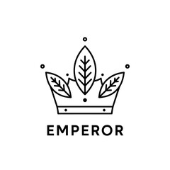 Simple black and white line art logo of an emperor crown adorned with leaves.