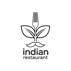 A stylized logo for an Indian restaurant featuring a fork emerging from leaves, resembling a plant, with a subtle mustache element below.