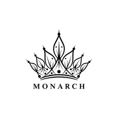 Elegant black and white logo of an ornate crown made of leaf-like shapes, with the word MONARCH underneath.