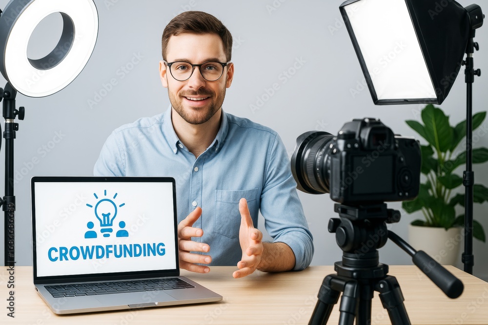 Aufkleber young man filming crowdfunding presentation with laptop at desk in modern studio setup with soft lig