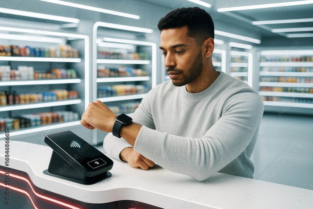 Poster man using smartwatch for contactless payment at futuristic store checkout counter with light abstrac