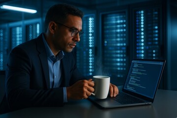 Businessman analyzing code on laptop while drinking coffee in data center environment with abstract blue light background at night. Ai generative