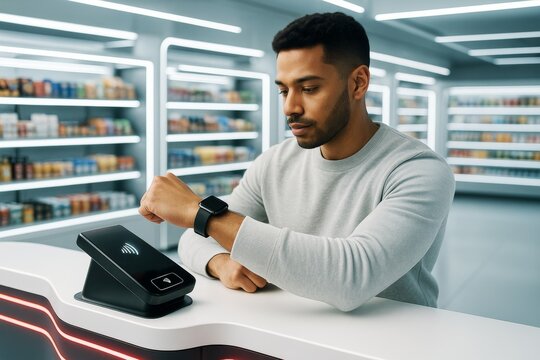 Man using smartwatch for contactless payment at futuristic store checkout counter with light abstract background, symbolizing digital finance concept. Ai generative