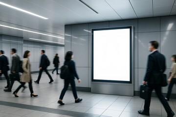 Blank billboard mockup in modern subway station with motion-blurred business people walking by, ideal for advertising or branding presentation template. Ai generative