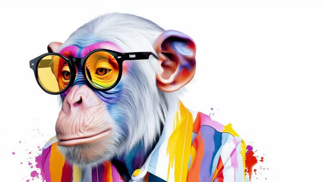 Colorful monkey character wearing stylish glasses, showcasing vibrant expressions and playful demeanor, transitions through a series of engaging poses, highlighting personality and artistic flair in a