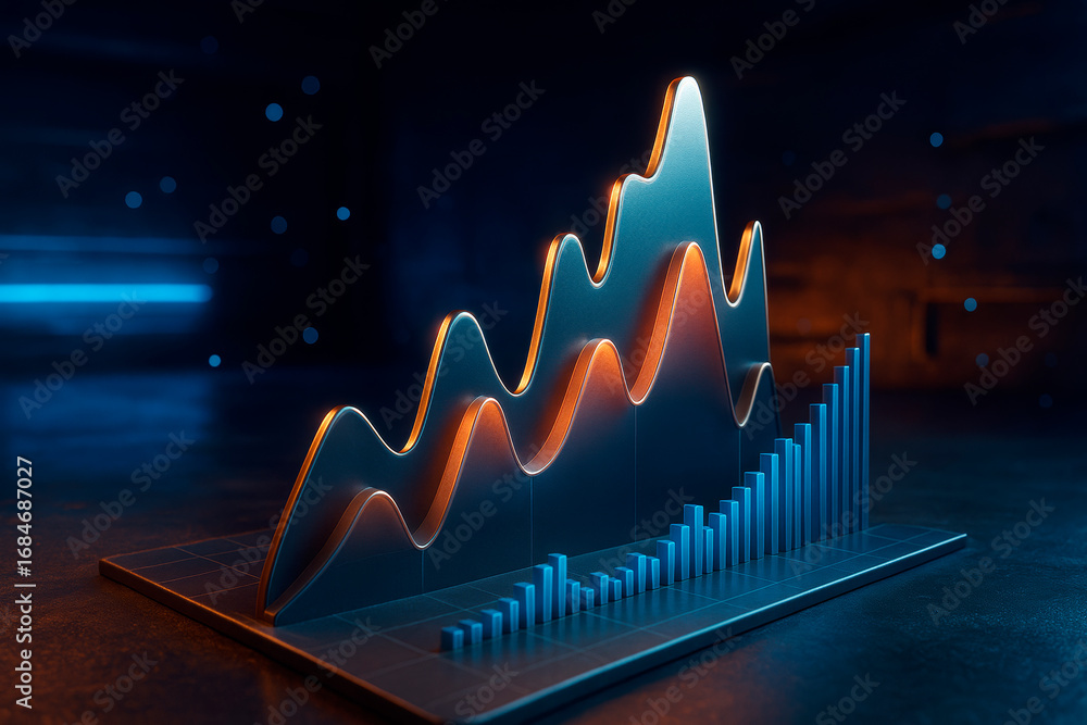 Poster abstract financial growth chart with glowing lines and bar graph on dark background illustrating mar