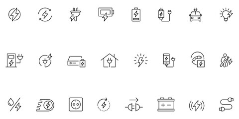 Charging and power line icon set. Vector symbols for electricity, flash, hybrid, electric car, plug, charge station, battery, and energy. Features a clean, minimal design with an editable stroke.