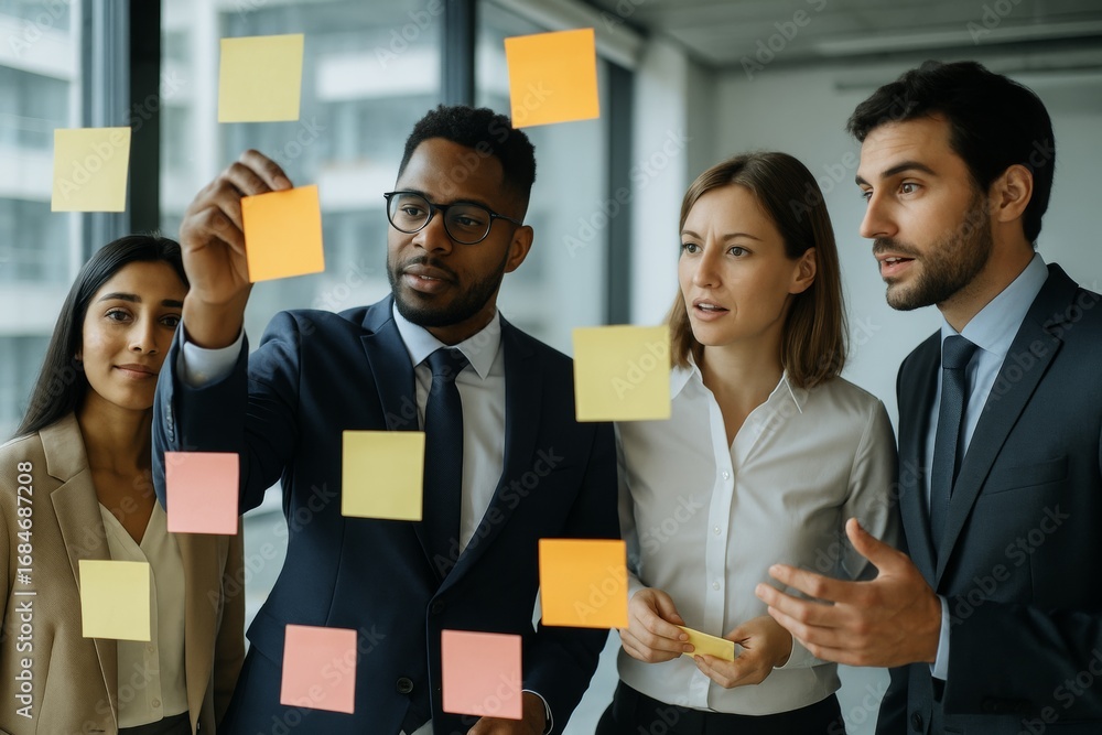 Aufkleber diverse business team planning with sticky notes during brainstorming session in modern office with 