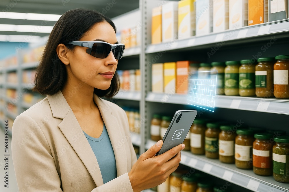Poster woman using futuristic augmented reality shopping assistant on smartphone wearing smart glasses in g