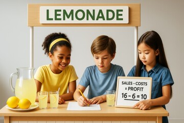 Kids running lemonade stand, calculating profits with sign and writing notes on table, cheerful teamwork concept on light background. Ai generative