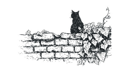 Naklejka premium Black cat perched on a weathered stone wall amidst lush foliage in a sketch style. Vector hand drawn illustration