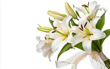 Obraz premium Elegant White Lily Bouquet with Buds and Ribbon, Isolated on White Background