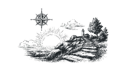 Coastal cliff path leading to lighthouse with compass and sunrise sketch. Vector hand drawn illustration