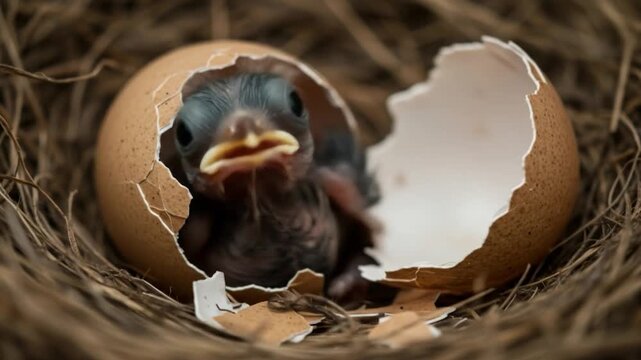 Newborn bird hatching from egg in natural nest wildlife beginning