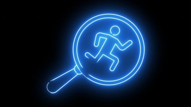 magnifying glass icon and running person icon with neon effect