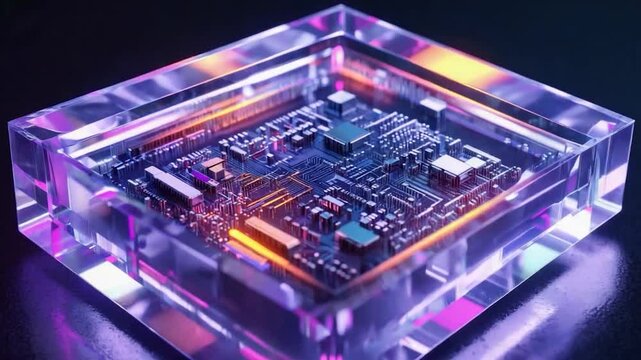 A circuit board encased in a vibrant, clear prism.  Colored light shines through the transparent, multifaceted cube, highlighting the intricate details of the dark blue circuit board