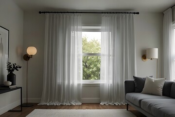 Sheer white curtains softly hanging in modern styled room with open window bringing natural daylight and cozy decorative interior
