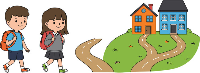Two children walking with backpacks on a path toward colorful houses, representing school commute and neighborhood life.