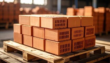 Stacked bricks on wooden pallets in a construction warehouse