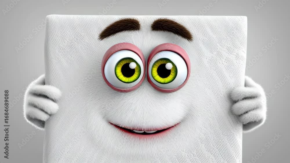 Poster Animated character with large expressive eyes and fluffy texture, joyfully presenting a blank canvas, showcasing a playful interaction with the audience, inviting creativity and imagination in a vibra
