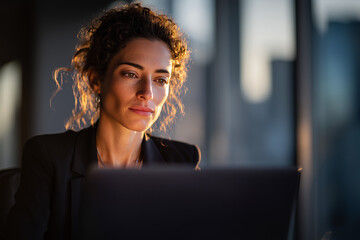 Focused young businesswoman working late on laptop with city lights blurred in the background