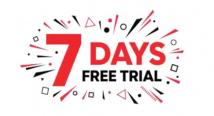 Bold red 7 days free trial offer with explosive design element and confetti dots