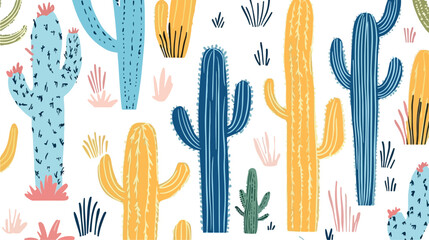 Obraz premium Vibrant desert landscape featuring a variety of colorful cartoon saguaro cacti and desert plants