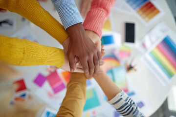 Diverse group of people joining hands in a teamwork gesture over colorful creative workspace