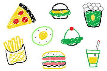 Whimsical crayon drawings of popular fast food items like pizza, burgers, fries, and drinks create a fun, playful visual.