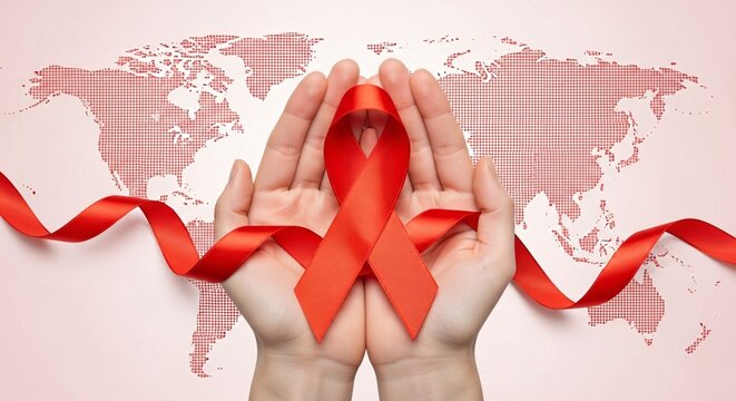 Hands holding red ribbon symbolizing awareness and support for world aids day or cancer charities