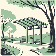 Illustration of a bus stop shelter with benches and a person walking on the path in a park, surrounded by trees and nature in a retro style, perfect for urban and travel themes
