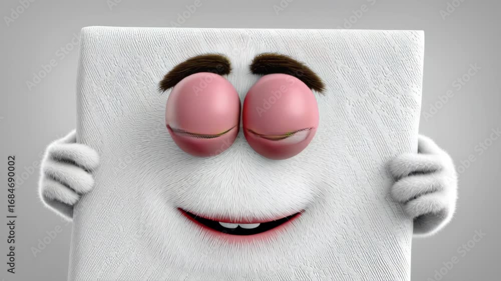 Poster animated character with large expressive eyes and fluffy texture, joyfully presenting a blank canvas