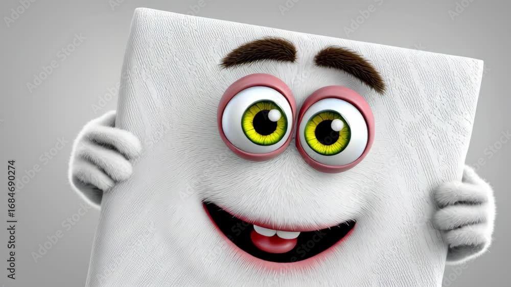 Poster Animated character with large expressive eyes and fluffy white texture, joyfully presenting a blank canvas, showcasing a playful and engaging moment in a vibrant, imaginative setting filled with creat
