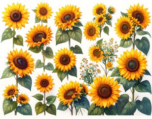 Colorful sunflower collection on white