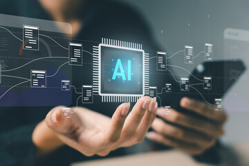 Futuristic hand holding smartphone with AI chip interface hologram, representing artificial intelligence, deep learning, smart data processing, and innovative mobile technology.
